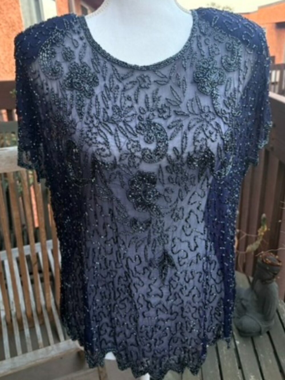 90s Like New Beaded Sheer Vintage Navy Blue Blouse